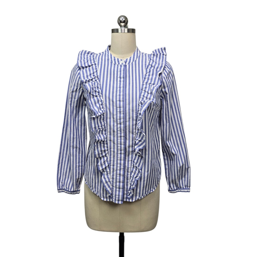 Madewell Blue White Striped Ruffle Front Band Collar Cotton Blouse Womens Small
